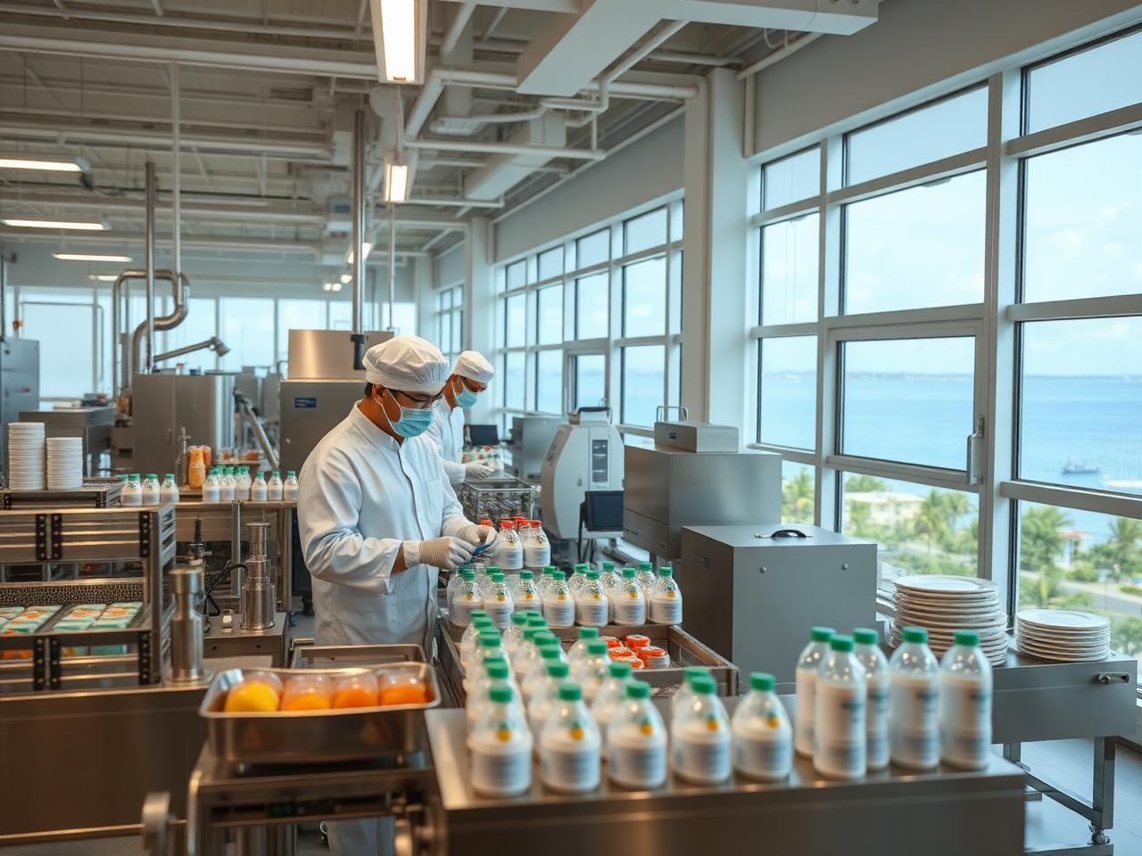 Halal manufacturing facility in Hainan with coastal view